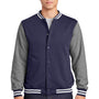 Sport-Tek Mens Snap Down Fleece Letterman Jacket - True Navy Blue/Heather Vintage Grey/White
