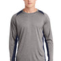 Sport-Tek Mens Contender Heather Moisture Wicking Long Sleeve Crewneck T-Shirt - Heather Vintage Grey/True Navy Blue