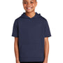 Sport-Tek Youth Fleece Moisture Wicking Short Sleeve Hooded Sweatshirt Hoodie w/ Pouch Pocket - Navy Blue