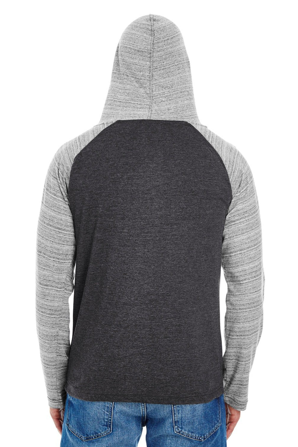 Burnside 8127 Mens Raglan Long Sleeve Hooded T-Shirt Hoodie Heather Charcoal/Charcoal Stripe Model Back