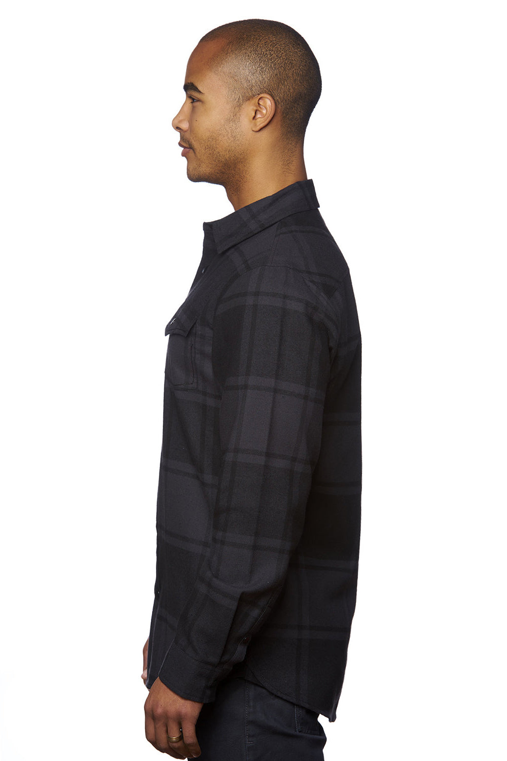 Burnside 8219 Mens Plaid Flannel Long Sleeve Snap Down Shirt w/ Double Pockets Black Model Side
