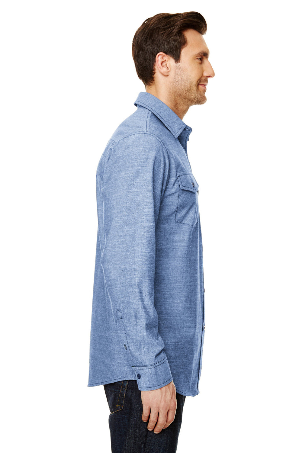 Burnside 8255 Mens Long Sleeve Button Down Shirt w/ Double Pockets Light Denim Model Side