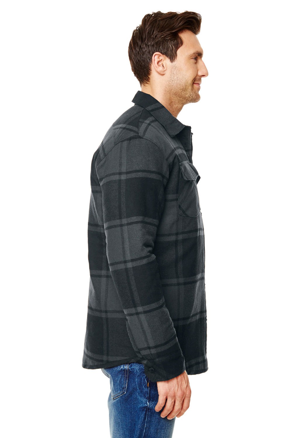 Burnside 8610 Mens Quilted Flannel Button Down Shirt Jacket Black Plaid Model Side