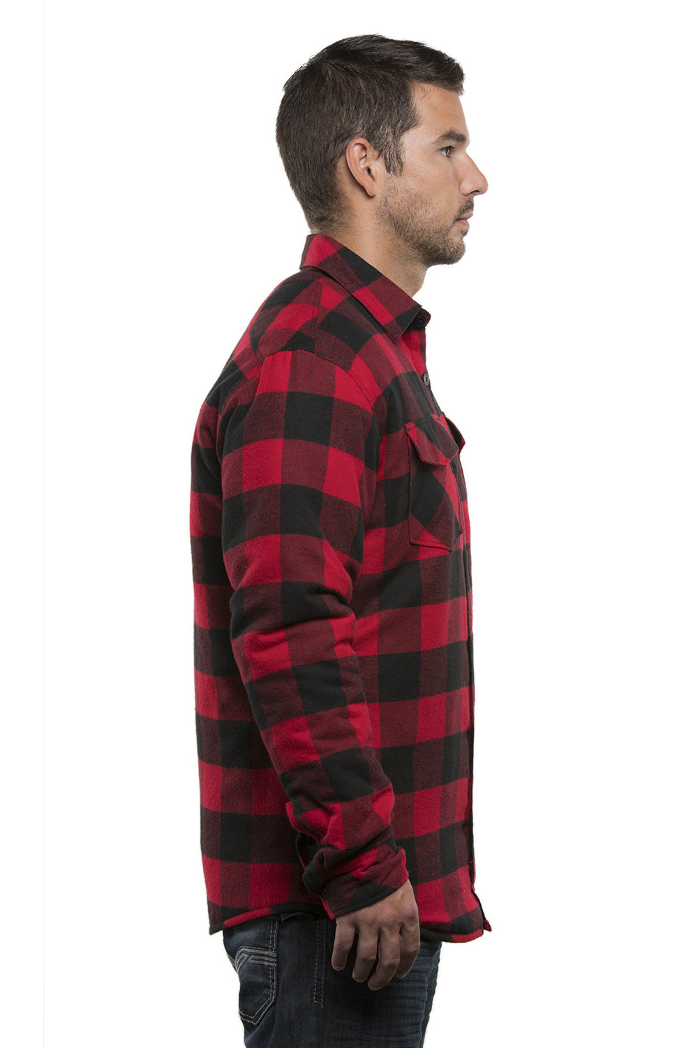 Burnside 8610 Mens Quilted Flannel Button Down Shirt Jacket Red/Black Buffalo Model Side