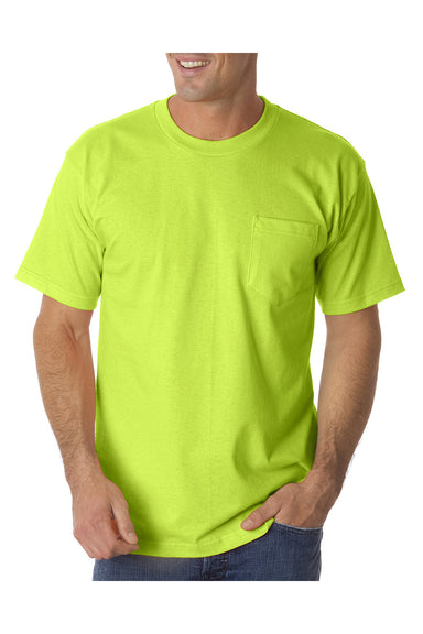 Bayside 1725 Mens USA Made Short Sleeve Crewneck T-Shirt w/ Pocket Safety Green Model Front