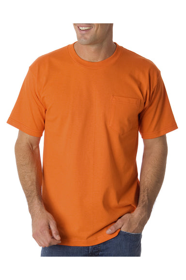 Bayside 1725 Mens USA Made Short Sleeve Crewneck T-Shirt w/ Pocket Safety Orange Model Front