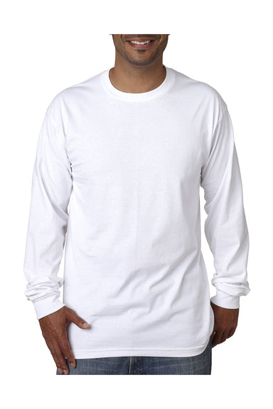 Bayside BA5060 Mens USA Made Long Sleeve Crewneck T-Shirt White Model Front