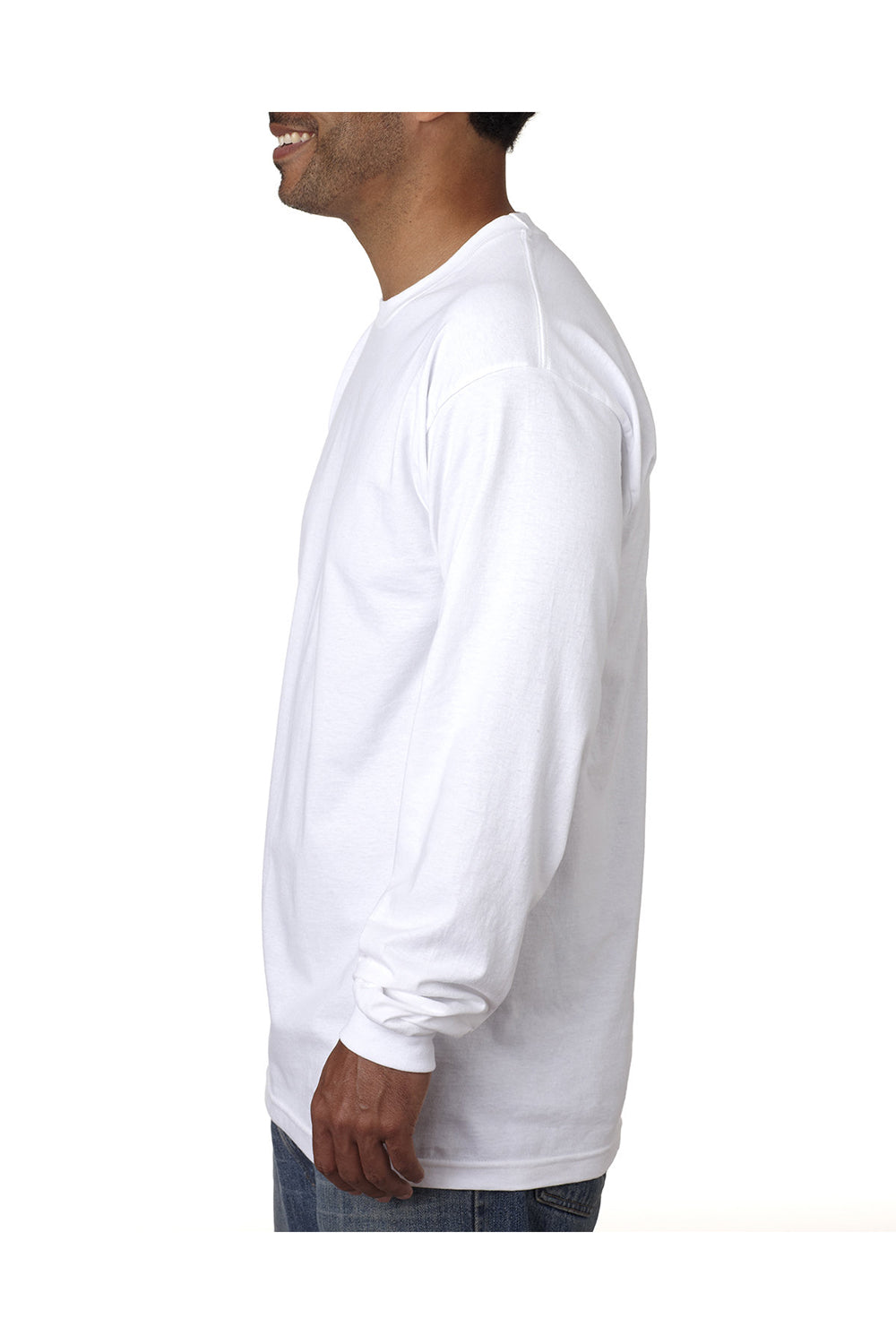 Bayside BA5060 Mens USA Made Long Sleeve Crewneck T-Shirt White Model Side