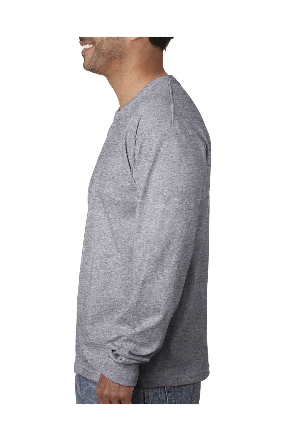 Bayside BA5060 Mens USA Made Long Sleeve Crewneck T-Shirt Dark Ash Grey Model Side