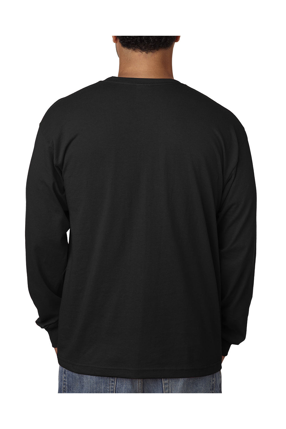 Bayside BA5060 Mens USA Made Long Sleeve Crewneck T-Shirt Black Model Back