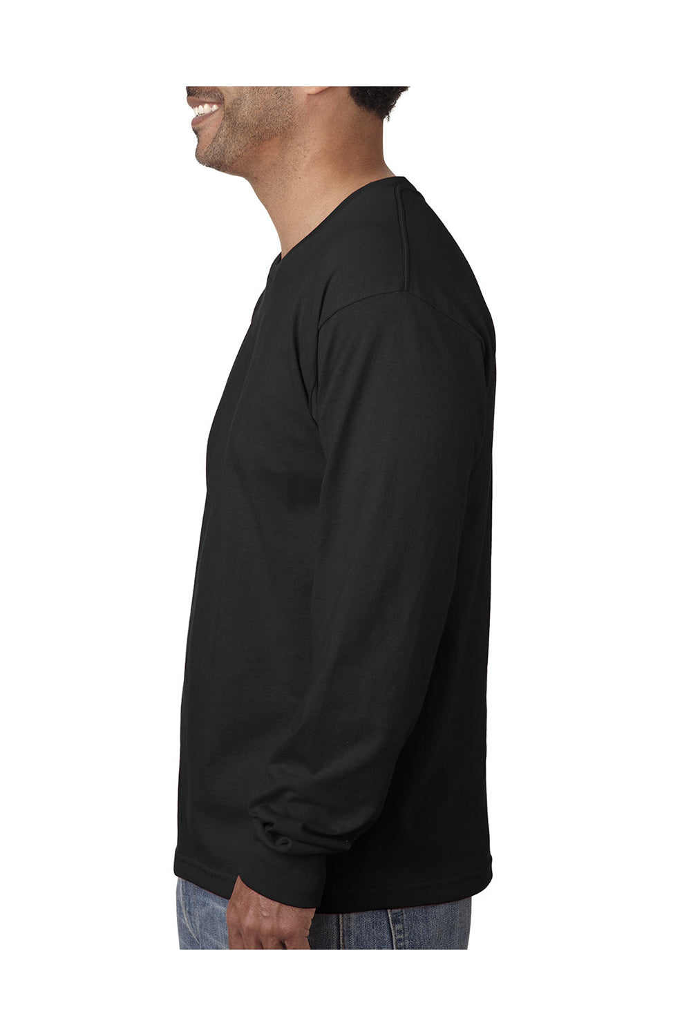 Bayside BA5060 Mens USA Made Long Sleeve Crewneck T-Shirt Black Model Side