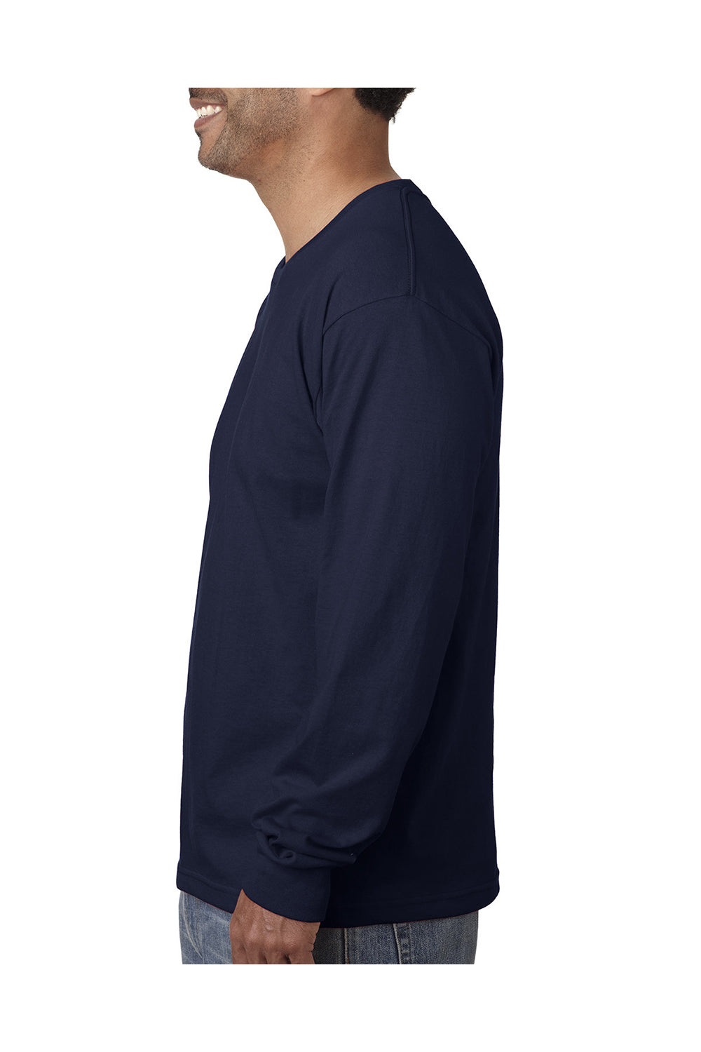Bayside BA5060 Mens USA Made Long Sleeve Crewneck T-Shirt Light Navy Blue Model Side