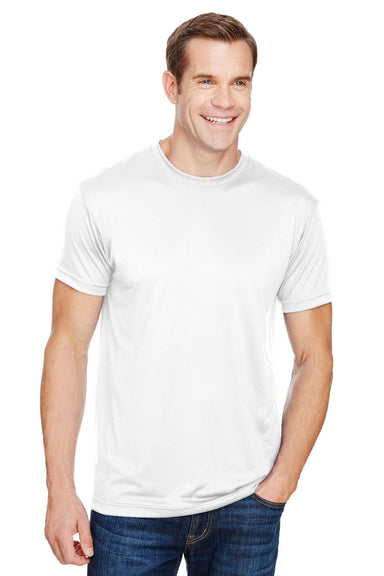 Bayside 5300 Mens USA Made Performance Short Sleeve Crewneck T-Shirt White Model Front