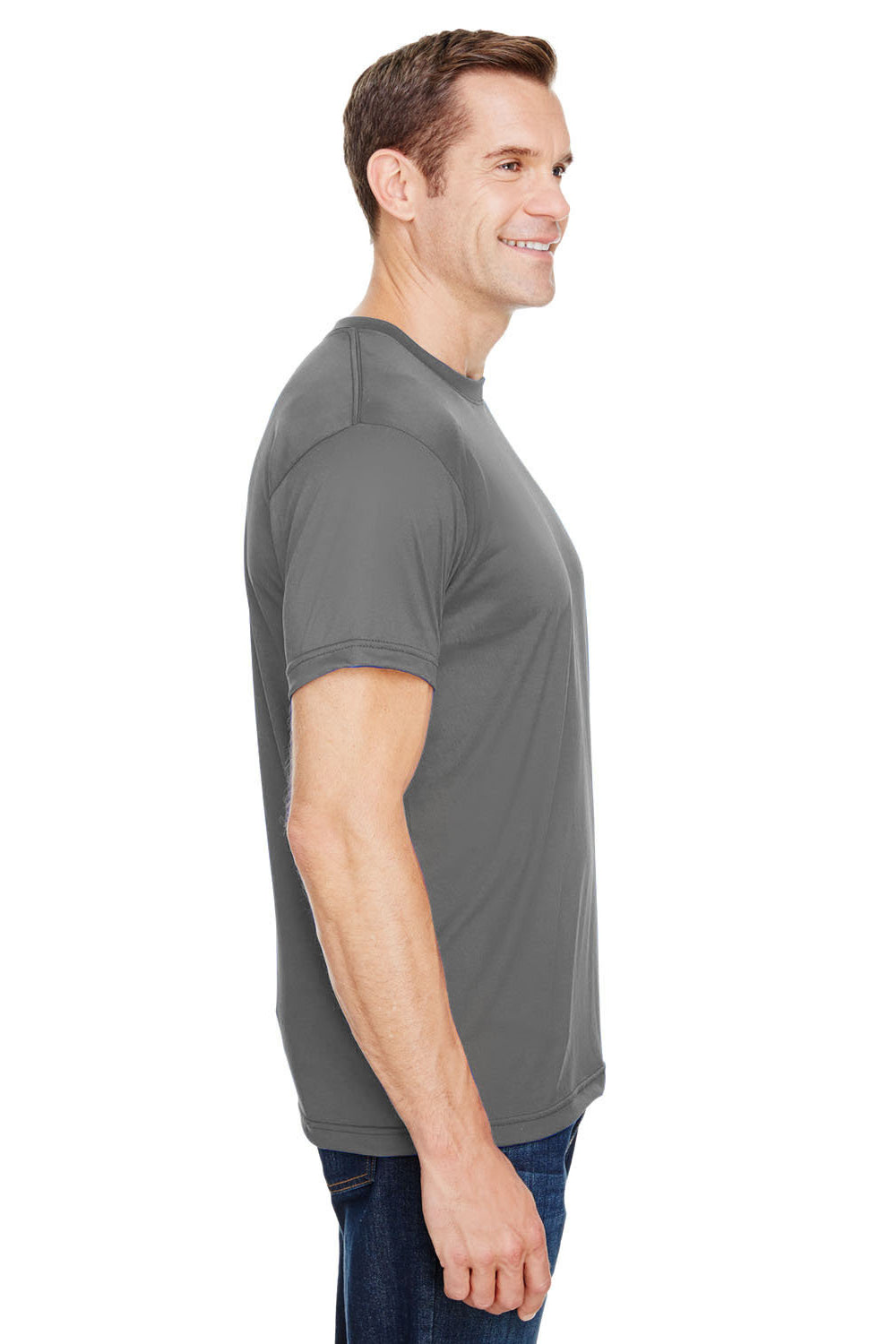 Bayside 5300 Mens USA Made Performance Short Sleeve Crewneck T-Shirt Charcoal Grey Model Side