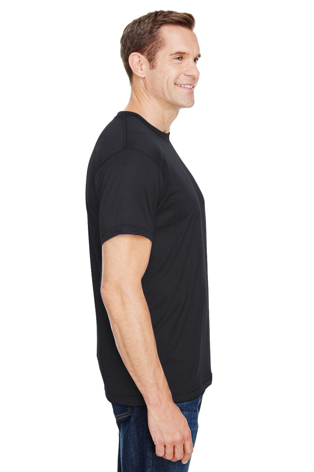 Bayside 5300 Mens USA Made Performance Short Sleeve Crewneck T-Shirt Black Model Side