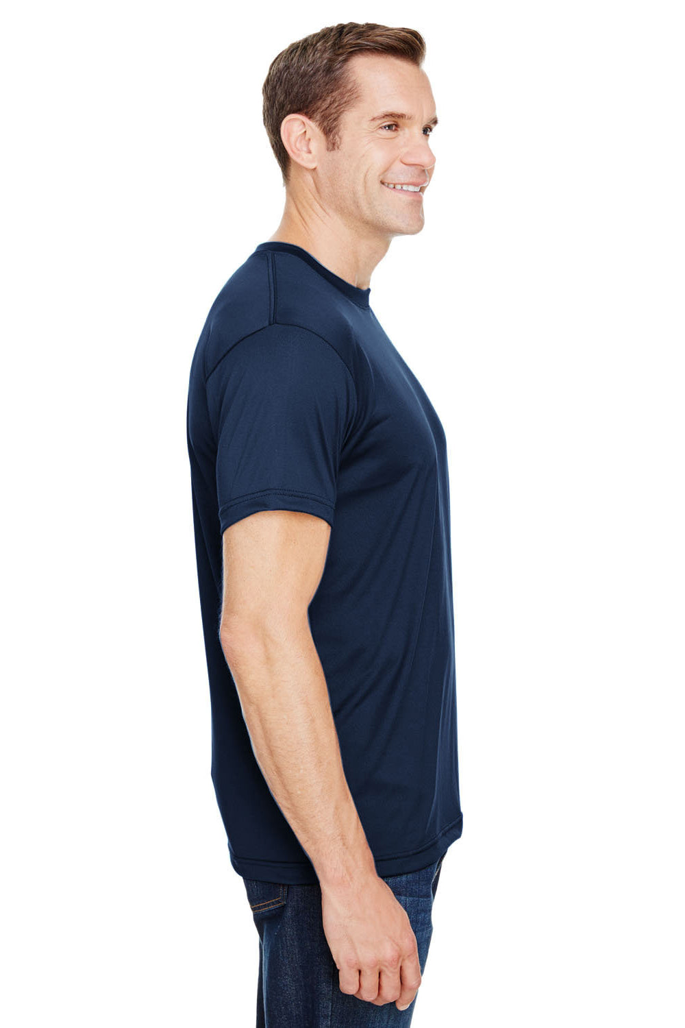 Bayside 5300 Mens USA Made Performance Short Sleeve Crewneck T-Shirt Navy Blue Model Side