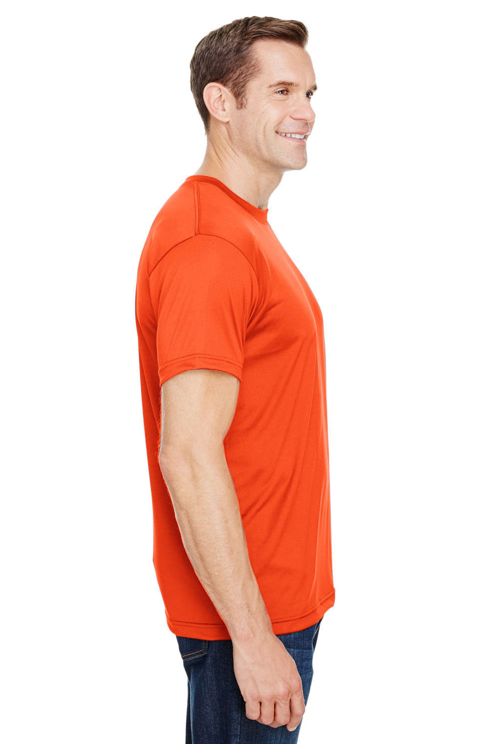 Bayside 5300 Mens USA Made Performance Short Sleeve Crewneck T-Shirt Bright Orange Model Side