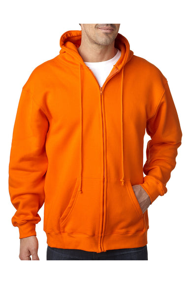 Bayside BA900 Mens USA Made Full Zip Hooded Sweatshirt Hoodie Bright Orange Model Front