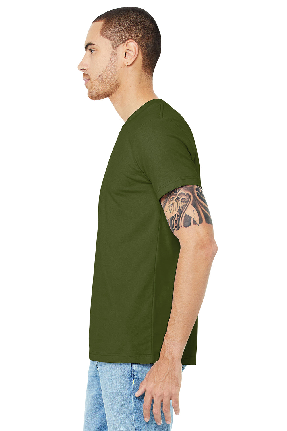 Bella + Canvas BC3001/3001C Mens Jersey Short Sleeve Crewneck T-Shirt Olive Green Model Side