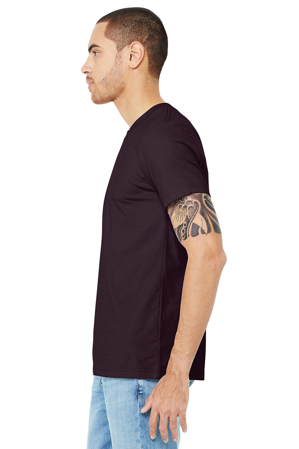 Bella + Canvas BC3001/3001C Mens Jersey Short Sleeve Crewneck T-Shirt Oxblood Black Model Side
