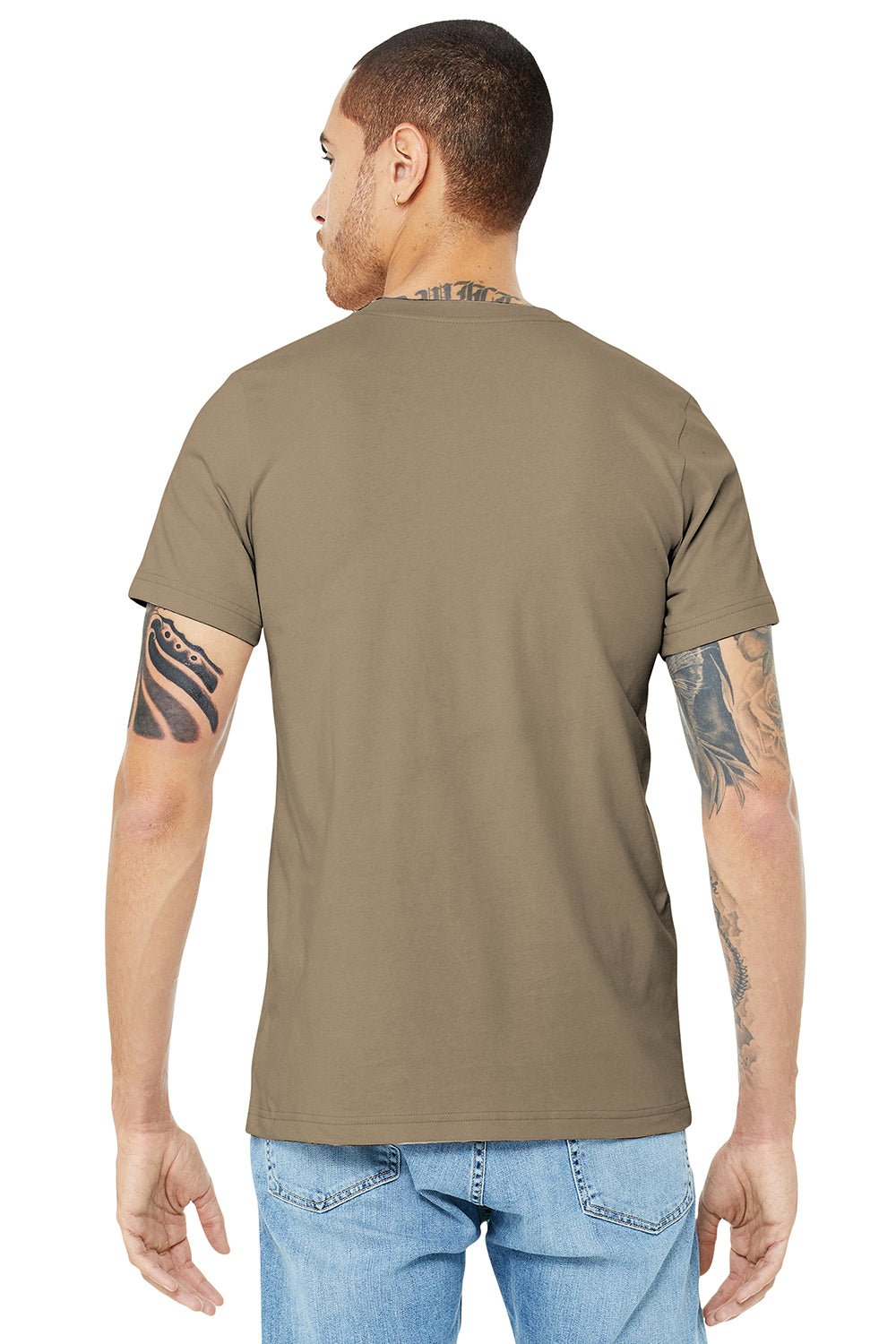 Bella + Canvas BC3001/3001C Mens Jersey Short Sleeve Crewneck T-Shirt Tan Model Back