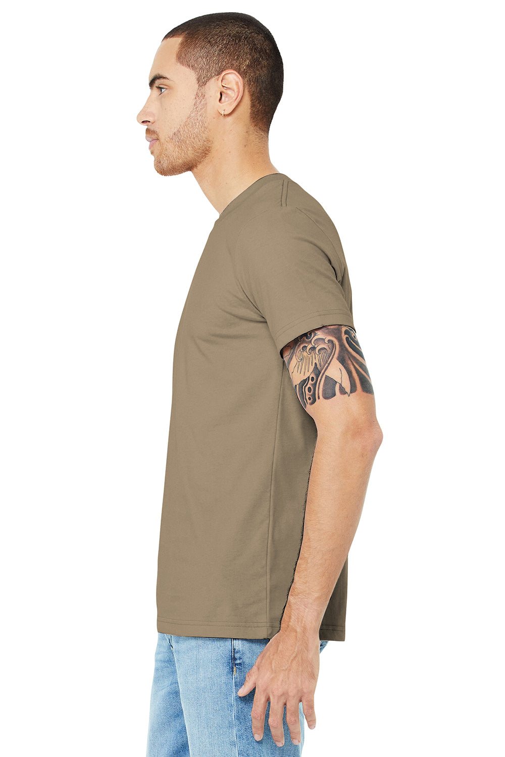 Bella + Canvas BC3001/3001C Mens Jersey Short Sleeve Crewneck T-Shirt Tan Model Side