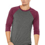 Bella + Canvas Mens 3/4 Sleeve Crewneck T-Shirt - Grey/Maroon