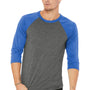 Bella + Canvas Mens 3/4 Sleeve Crewneck T-Shirt - Grey/True Royal Blue