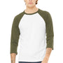 Bella + Canvas Mens 3/4 Sleeve Crewneck T-Shirt - White/Heather Olive Green - Closeout