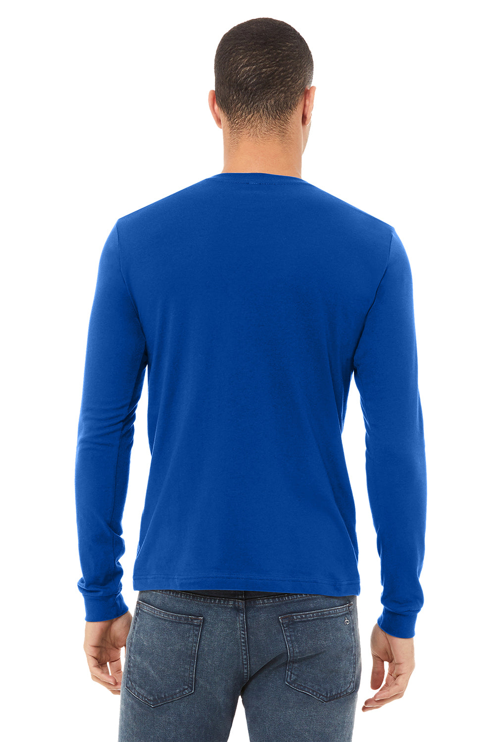 Bella + Canvas BC3501/3501 Mens Jersey Long Sleeve Crewneck T-Shirt True Royal Blue Model Back