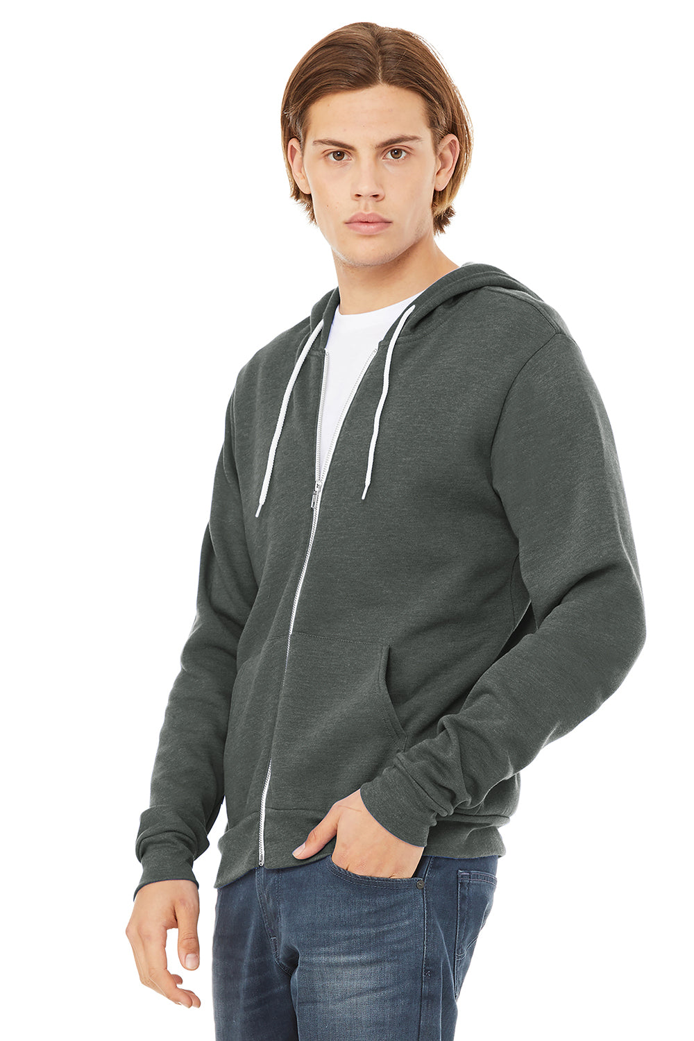 Bella + Canvas BC3739/3739 Mens Fleece Full Zip Hooded Sweatshirt Hoodie Heather Deep Grey Model 3Q