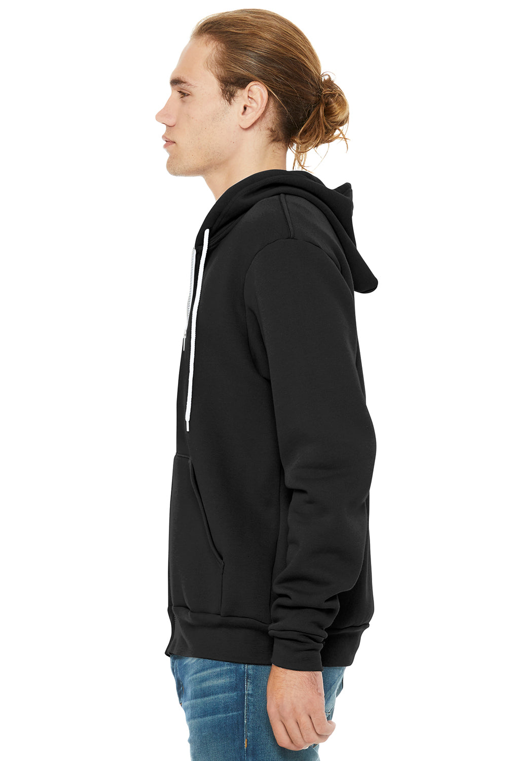 Bella + Canvas BC3739/3739 Mens Fleece Full Zip Hooded Sweatshirt Hoodie DTG Black Model Side