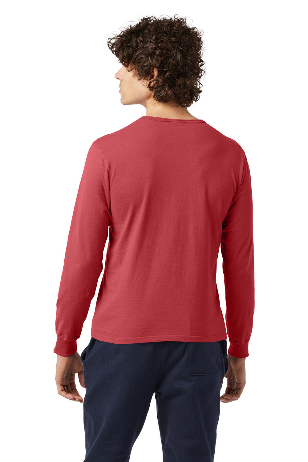 Champion CD200 Mens Garment Dyed Long Sleeve Crewneck T-Shirt Crimson Red Model Back