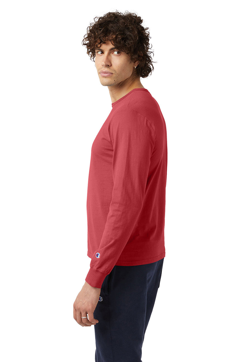 Champion CD200 Mens Garment Dyed Long Sleeve Crewneck T-Shirt Crimson Red Model Side