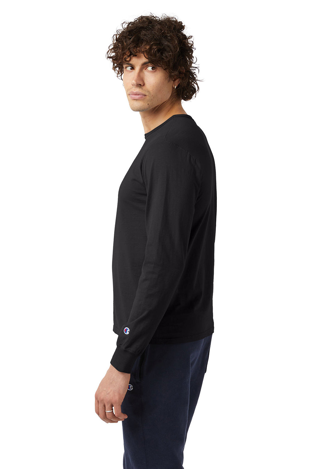 Champion CD200 Mens Garment Dyed Long Sleeve Crewneck T-Shirt Black Model Side