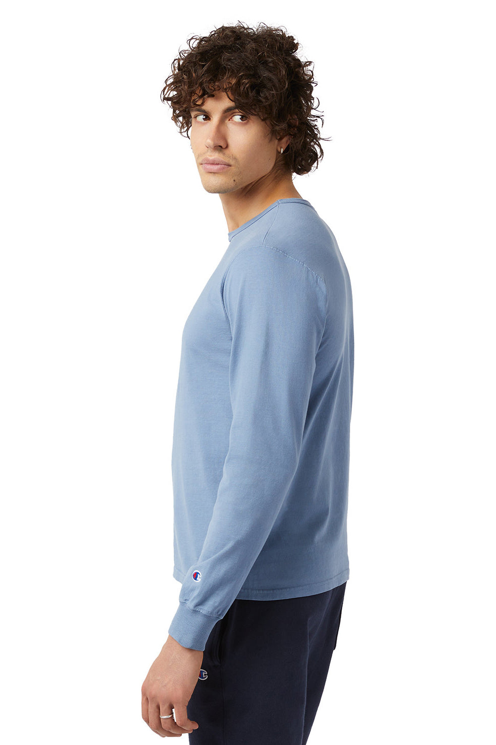 Champion CD200 Mens Garment Dyed Long Sleeve Crewneck T-Shirt Saltwater Blue Model Side