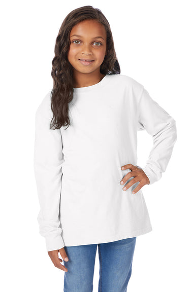ComfortWash By Hanes GDH275 Youth Garment Dyed Long Sleeve Crewneck T-Shirt White Model Front