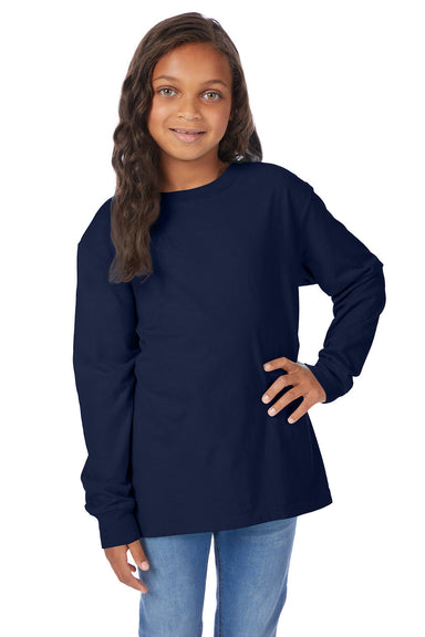 ComfortWash By Hanes GDH275 Youth Garment Dyed Long Sleeve Crewneck T-Shirt Navy Blue Model Front