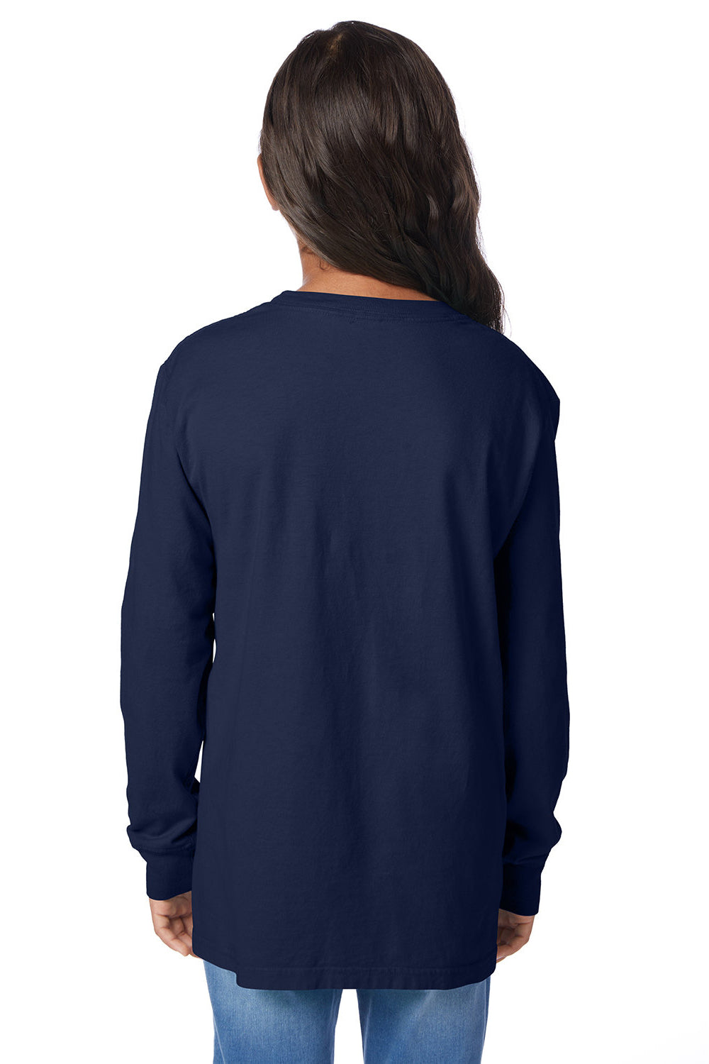 ComfortWash By Hanes GDH275 Youth Garment Dyed Long Sleeve Crewneck T-Shirt Navy Blue Model Back