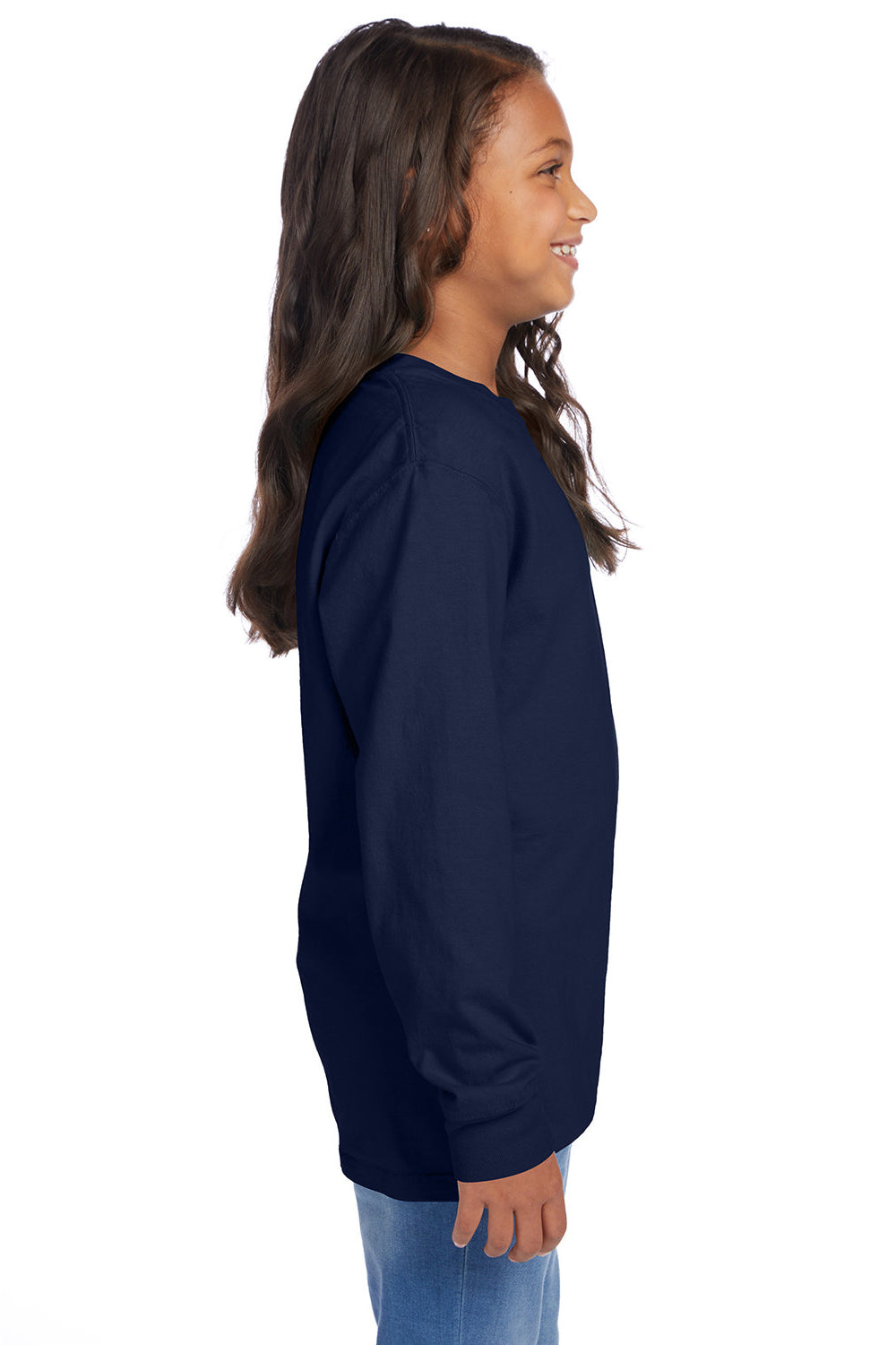 ComfortWash By Hanes GDH275 Youth Garment Dyed Long Sleeve Crewneck T-Shirt Navy Blue Model Side