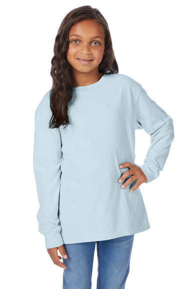 ComfortWash By Hanes GDH275 Youth Garment Dyed Long Sleeve Crewneck T-Shirt Soothing Blue Model Front