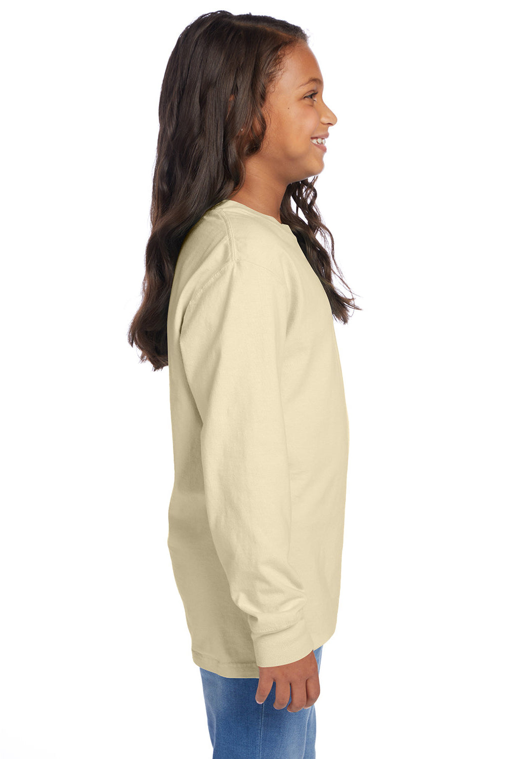 ComfortWash By Hanes GDH275 Youth Garment Dyed Long Sleeve Crewneck T-Shirt Summer Squash Yellow Model Side