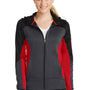 Sport-Tek Womens Moisture Wicking Full Zip Tech Fleece Hooded Jacket - Black/Heather Graphite Grey/True Red - Closeout
