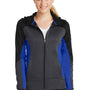 Sport-Tek Womens Moisture Wicking Full Zip Tech Fleece Hooded Jacket - Black/Heather Graphite Grey/True Royal Blue - Closeout