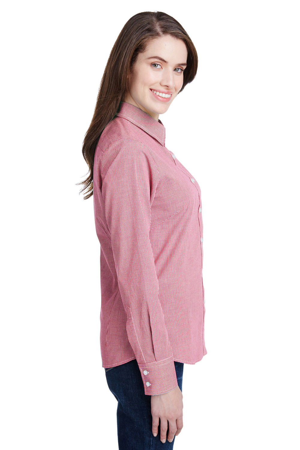 Artisan Collection RP320 Womens Microcheck Gingham Long Sleeve Button Down Shirt Red/White Model Side