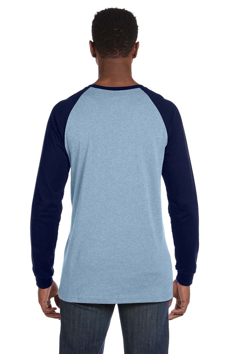Bella + Canvas 3000C Mens Jersey Long Sleeve Crewneck T-Shirt Baby Blue/Navy Blue Back