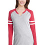 LAT Womens Gameday Mash Up Fine Jersey Long Sleeve V-Neck T-Shirt - Vintage Heather Grey/Red
