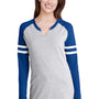 LAT Womens Gameday Mash Up Fine Jersey Long Sleeve V-Neck T-Shirt - Vintage Heather Grey/Royal Blue
