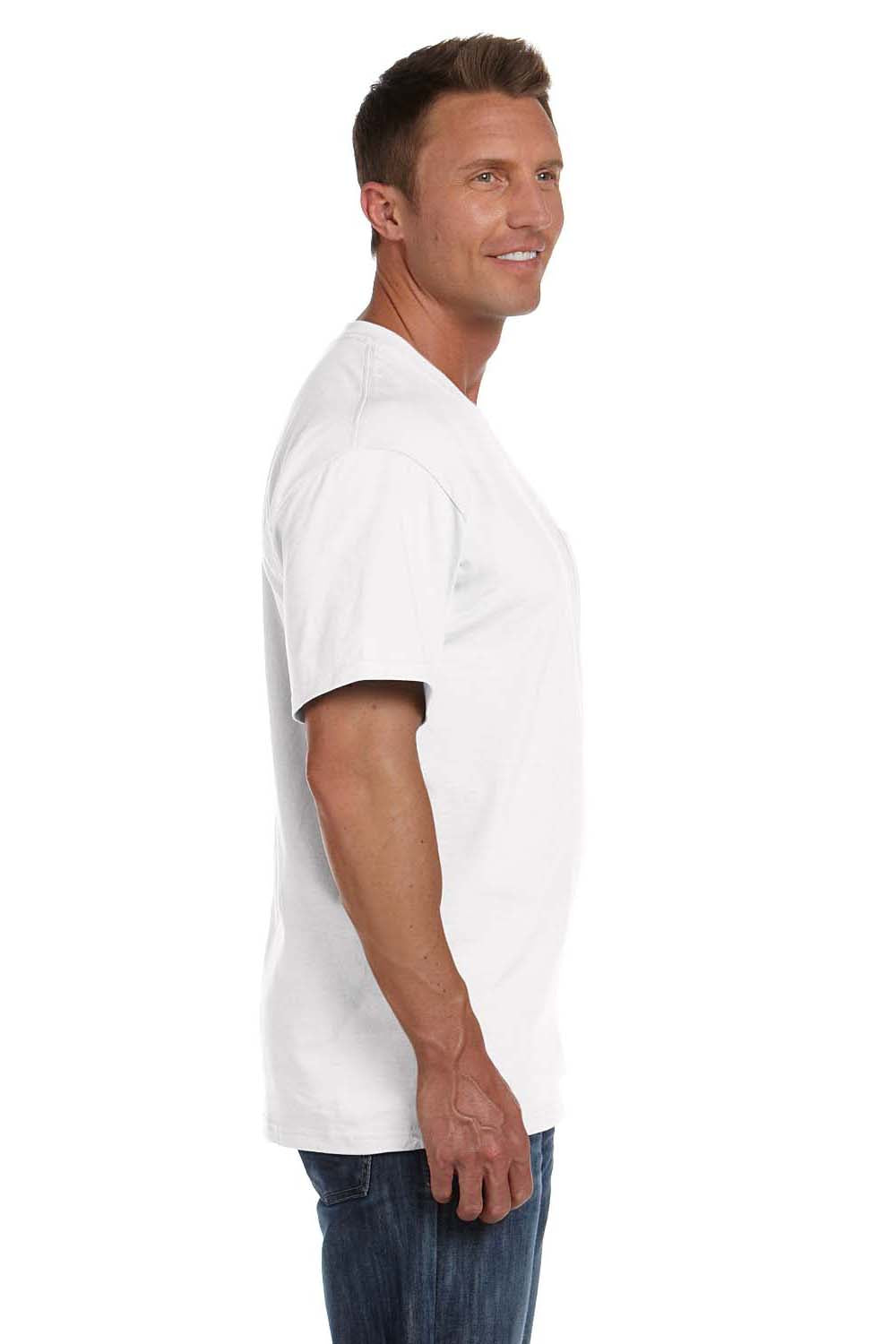 Fruit Of The Loom 3931P Mens HD Jersey Short Sleeve Crewneck T-Shirt w/ Pocket White Side