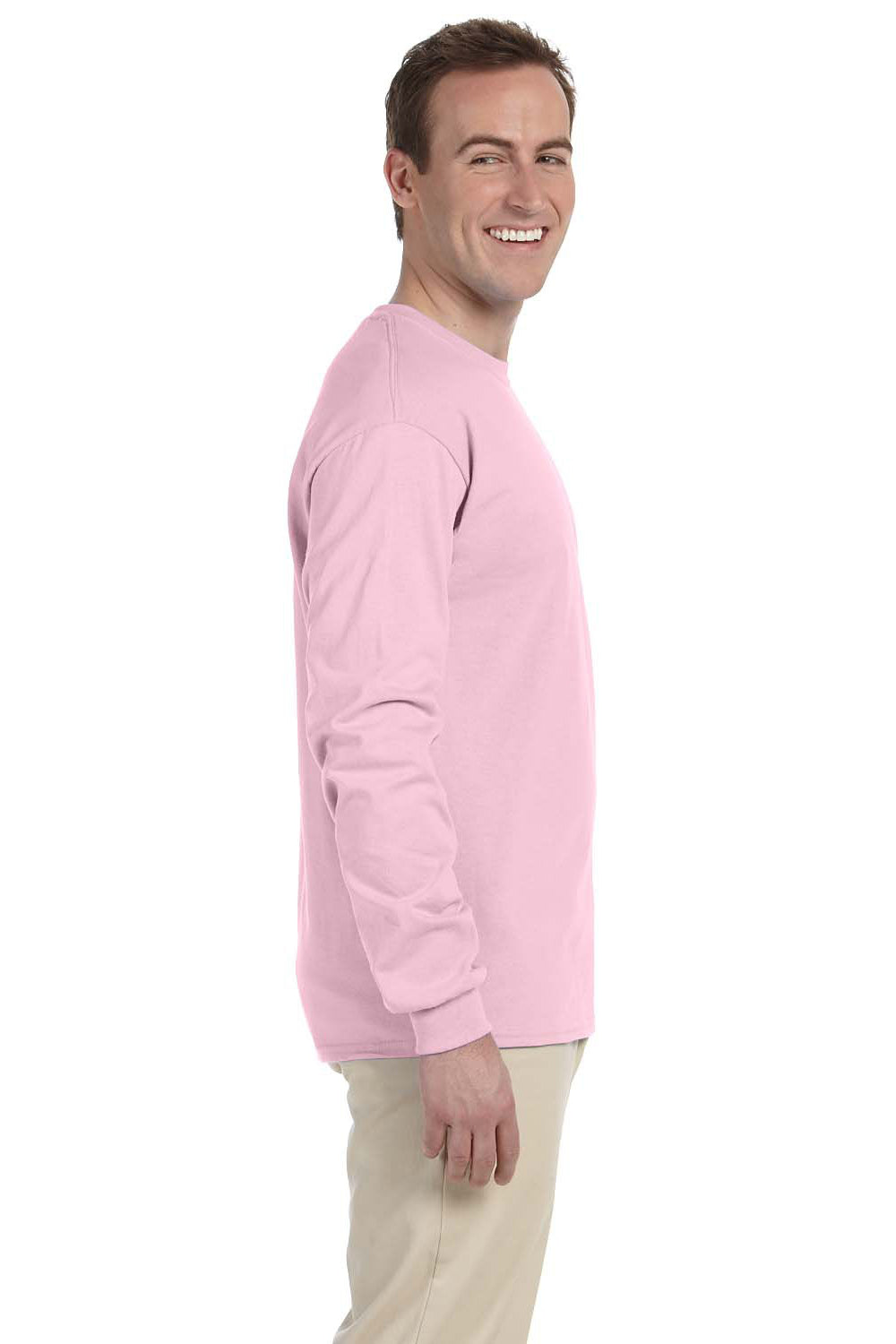 Fruit Of The Loom 4930 Mens HD Jersey Long Sleeve Crewneck T-Shirt Classic Pink Side
